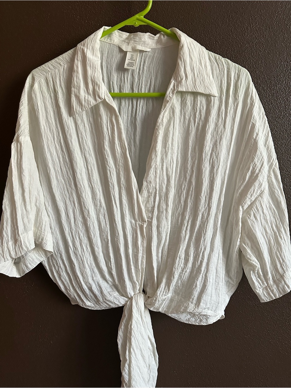 H&M White Textured Tie-Front Button Down Shirt